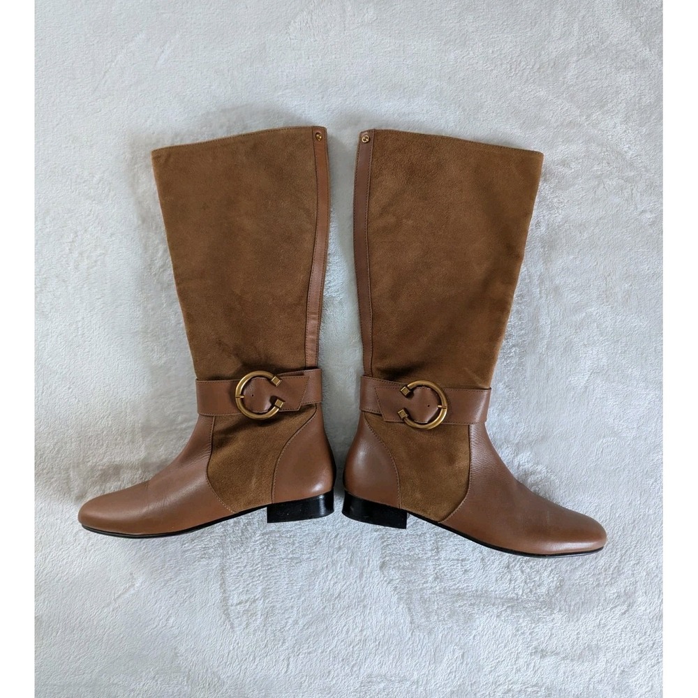 Anthropologie Tall Boots Brown Leather Suede Buckle 40 Equestrian Quiet Luxury